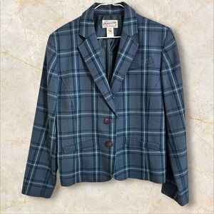 Vintage Pendleton Blazer Teal Plaid Classic 2 Button Wool Shoulder Pad Size 14